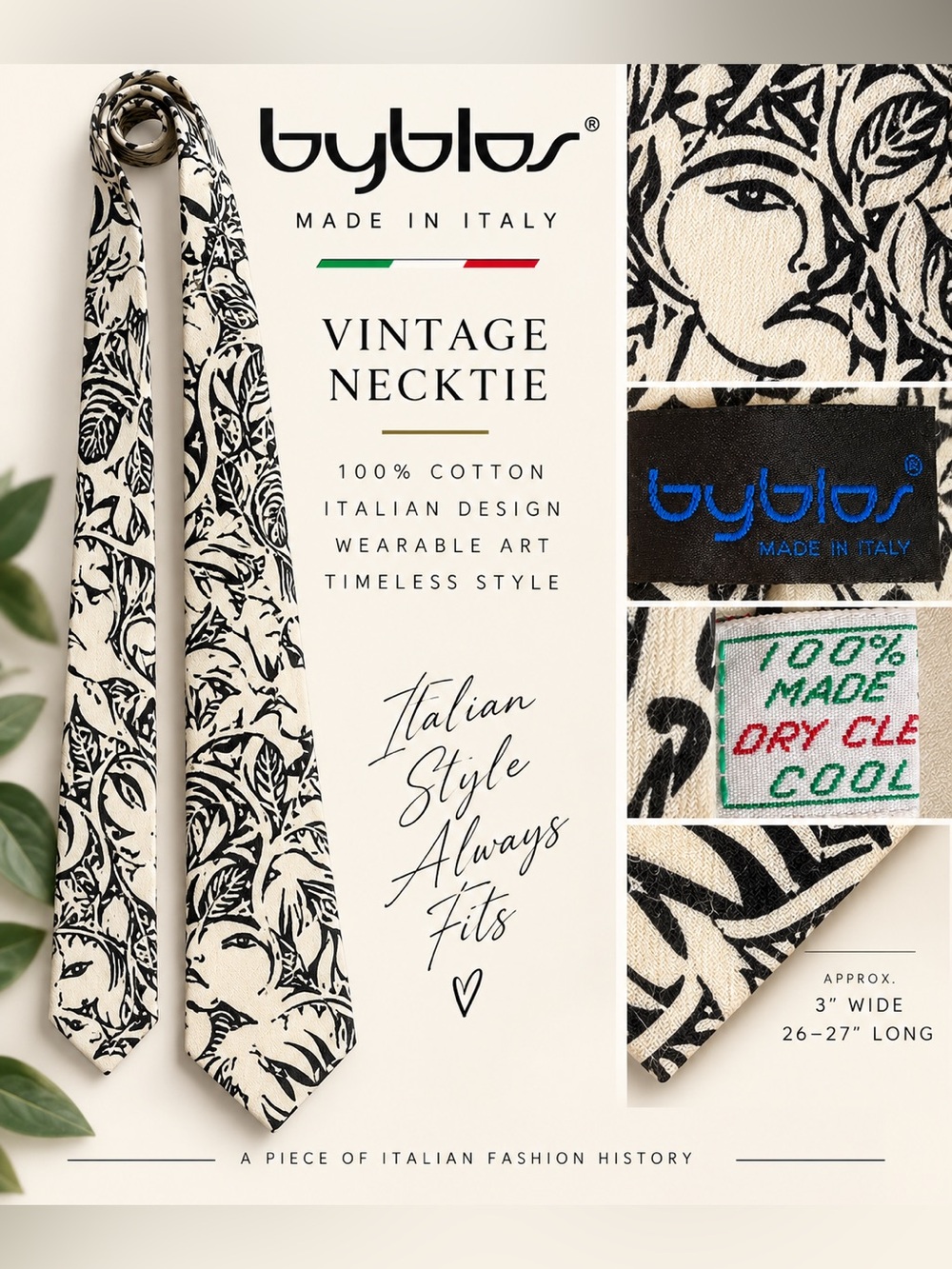 Vintage Byblos Italy 100% Cotton Graphic Art Necktie Black Cream 80’s